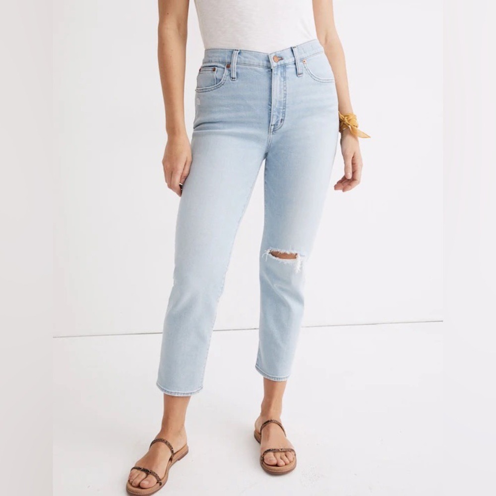 Madewell Mid-Rise Classic Straight Jeans 28 Light Wash Distressed